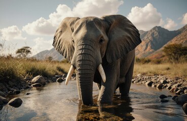 Fototapeta premium An elephant standing in a river with mountains and cloudy sky in the background