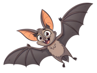 Happy cartoon bat flying with large ears and wings spread wide