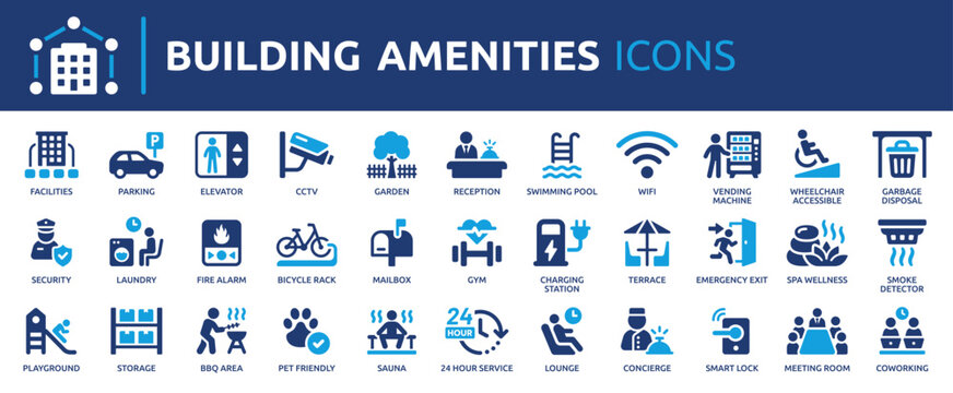 Building amenities icon set. Facilities, parking, elevator, garden, security, reception, swimming pool, concierge, pet friendly, gym and more. Solid vector icons collection.