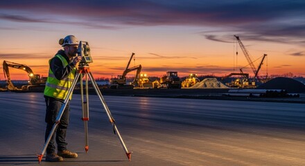 Male surveyor working with total station. Man doing land survey. Geodetic measurements for construction site development and planning.