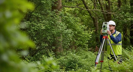 Male surveyor working with total station in the forest. Man wearing a hard hat, surveying the land. Architecture survey concept.