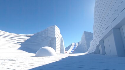 Snowy architectural landscape, bright white structures, and a ski ramp