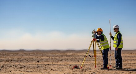 Two men, a surveyor and a geodetic engineer, measure land topography with total station and prism pole