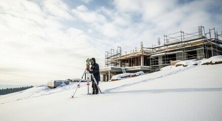 Man engineer using surveying equipment on snowy construction site. Geodetic work with total station tool for new building structure mapping design.