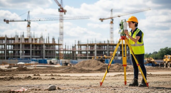 Woman geodetic engineer using modern surveying total station or theodolite at construction site. Building new property development estate.