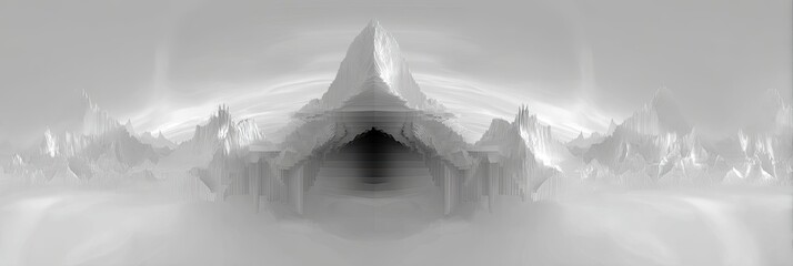 Gray, misty, mountainous landscape with a central, shadowy structure