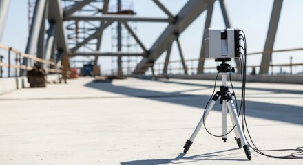 Laser scanner on tripod at bridge construction site. Geodesy equipment scanning infrastructure for engineering and surveying.