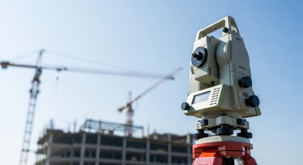 Total station for land measuring. Geodesy concept with surveying equipment at construction site for engineering work.