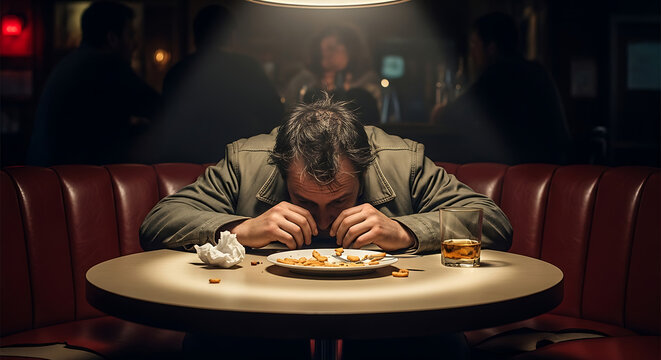 A desperate drunk man alone at a bar - Powered by Adobe