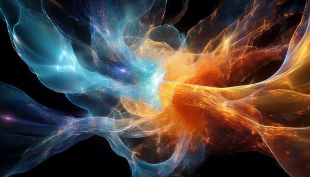 abstract antimatter collision causing spacetime fabric distortion ethereal collision of two energy forms with dynamic light effects - Powered by Adobe