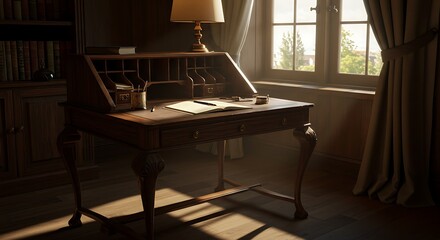 Fototapeta premium Wooden Desk with Lamp and Book Near Window