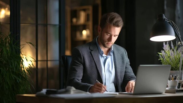 A dedicated businessman working at a desk in soft light