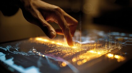 Hand Touching Digital Interface Data Visualization Futuristic Technology Concept.