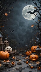 Halloween night with glowing pumpkins, bats and a full moon