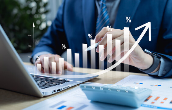 Business graph with percentage, shopping discount and tax adjustment concept, interest rate changes to fight inflation, investment return, and retail sales growth strategy.