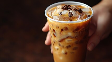 Iced coffee drink with ice cubes and coffee beans held in hand