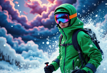 A young woman in bright green winter gear and goggles enjoys a snowy mountain adventure