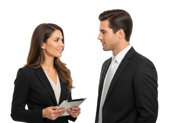 Professional Business Meeting A Confident Man and Woman Discussing Project Details with a Tablet in Hand, Set Against a Transparent Background for Easy Integration
