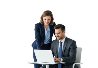 Fototapeta premium Two Business Professionals Collaborating on a Laptop in a Modern Office Setting, Discussing Strategy and Analyzing Data for Enhanced Productivity and Success