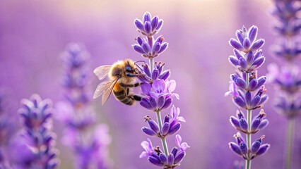 Captivating close-up of a fuzzy bee diligently collecting nectar from a vibrant purple lavender flower creating a serene and natural scene of pollination and summer beauty