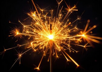 Glowing sparkler on black background with intricate details and subtle shine