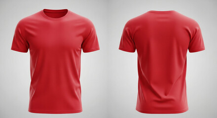 Front and back view of a plain red t shirt on a white background for presentation purposes and design