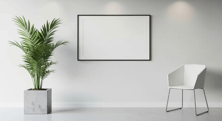 Modern interior with a plant, chair, and empty picture frame