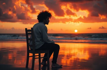 Obraz premium A person sitting on a chair by the beach during a vibrant sunset