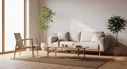Fototapeta premium Bright minimalist living room with wooden furniture, a comfortable sofa, and potted plants in a sunlit, serene interior.