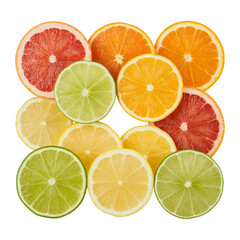 Fototapeta premium Dried and fresh citrus fruit wheel slices PNG set, cutout isolated on transparent background. Grapefruit, orange, lemon, lime cocktail garnish decoration graphic resource.png