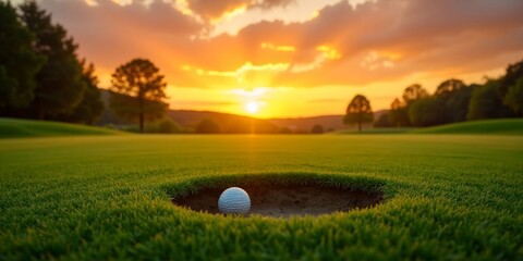 Golf ball in the hole on a green course at sunset with trees in the background in the distance