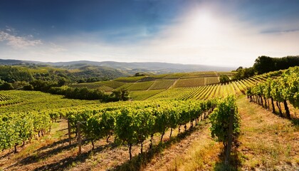 Fototapeta premium a sun drenched vineyard rolling across the hills its lush rows of grapevines basking in the warmth of summer painted with a sense of rustic charm and bucolic tranquility