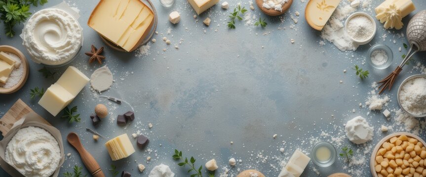 Cheese and dairy products flat lay on a textured blue background