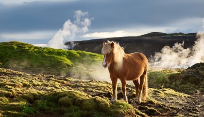 a sturdy icelandic horse stands on a mossy hillside with steaming geysers in the background ai