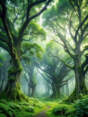 Naklejka premium Dense foliage with misty atmosphere amidst ancient trees