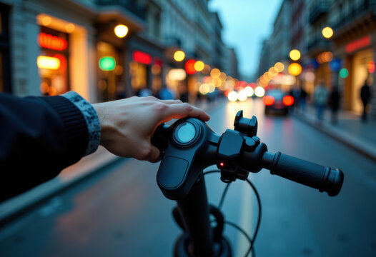 Hand gripping the handlebar of an electric scooter on a busy city street