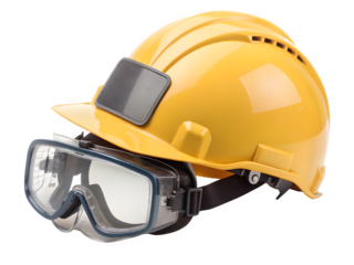 Yellow hard hat and safety goggles on black background