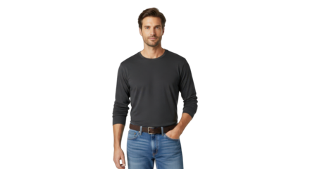 Full Body Shot of a Handsome Man in a Gray Long Sleeve Shirt and Jeans Against a Transparent Backdrop, Perfect for Apparel and Product Mockups
