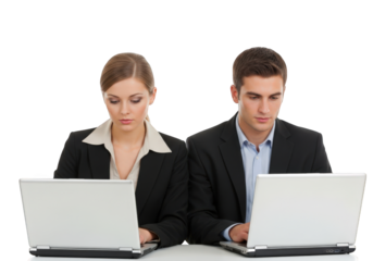 Professional Business Team Working on Laptops Against a Transparent Background, Emphasizing Collaboration and Focus in a Modern Corporate Environment