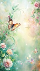 Fototapeta premium Floral swirls in soft pastel hues with delicate butterfly wings dancing amidst the abstract brushstrokes and lush greenery
