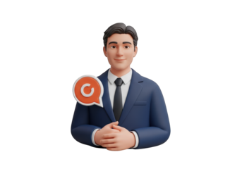 3D Render of a Smiling Businessman in a Blue Suit with a Speech Bubble Containing the Letter C, Standing Against a Transparent Backdrop in a Professional Setting