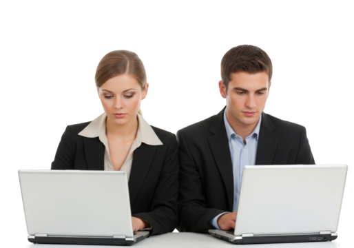 Professional Business Team Working on Laptops Against a Transparent Background, Emphasizing Collaboration and Focus in a Modern Corporate Environment