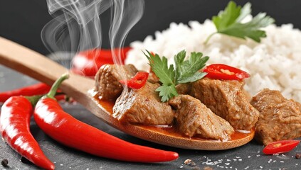 Spicy beef curry in a wooden spoon, served with rice and chili peppers. Steam rising
