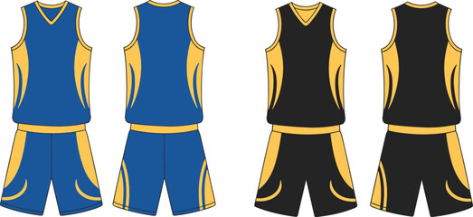 Basketball uniform back view, sports jersey shorts set, blue yellow design, black yellow outfit, athletic apparel vector, teamwear illustration, sport clothing template