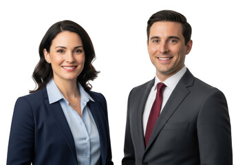 Professional Business Team Portrait Featuring a Smiling Woman and Man in Suits Against a Transparent Background, Perfect for Corporate Imagery