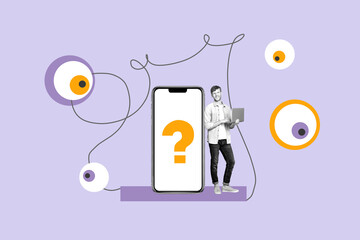 Artwork sketch banner full 3d collage of happy man surf laptop question mark phone screen prompt eyeball stare third eyesight