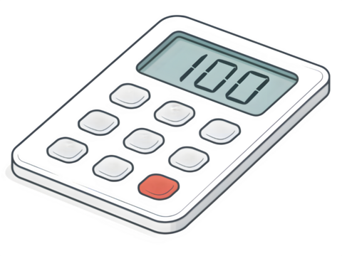 Simple black calculator with a digital display showing the number 100