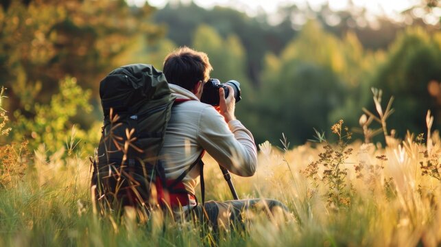 A professional photographer taking pictures outdoors in natural light - Powered by Adobe