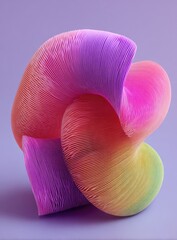 Abstract, colorful, knotted form with a soft, textured surface.  Gradient hues of pink, purple, and yellow, on a muted lavender background