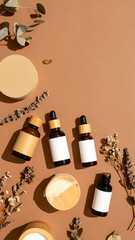Eco branding flatlay: Natural skincare products are arranged in an inviting flatlay, eco friendly and minimal, perfect for herbal branding shoot